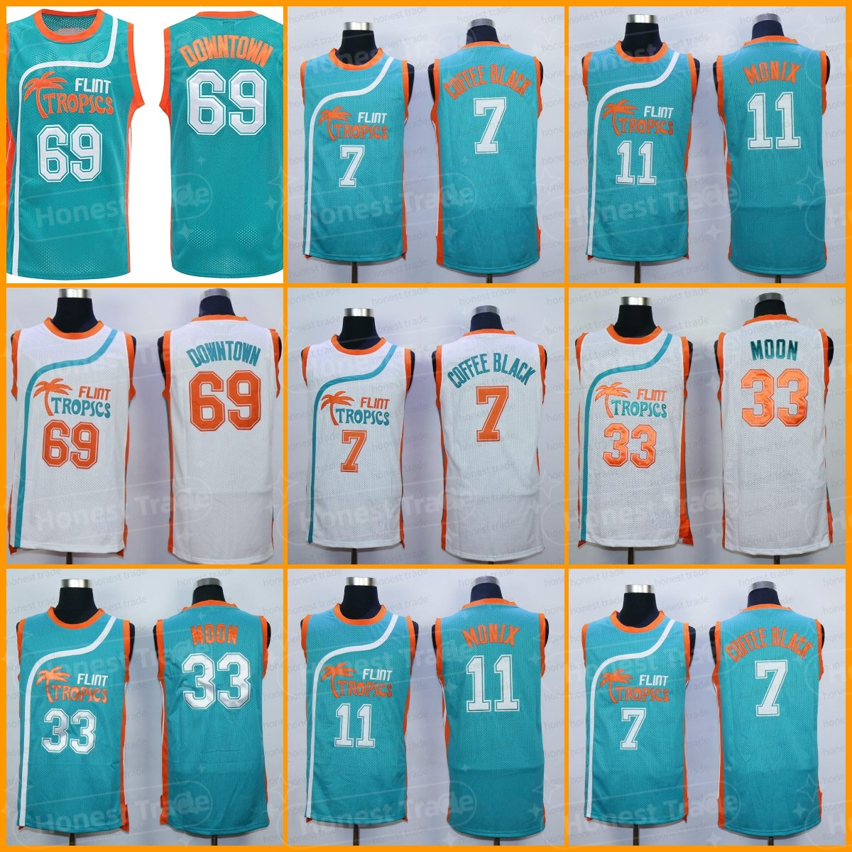 

Mens Semi Pro Movie Flint Tropics #7 Coffee Black Jersey #33 Jackie Moon #69 Downtown #11 ED Monix Green White Basketball Jerseys, Men;as