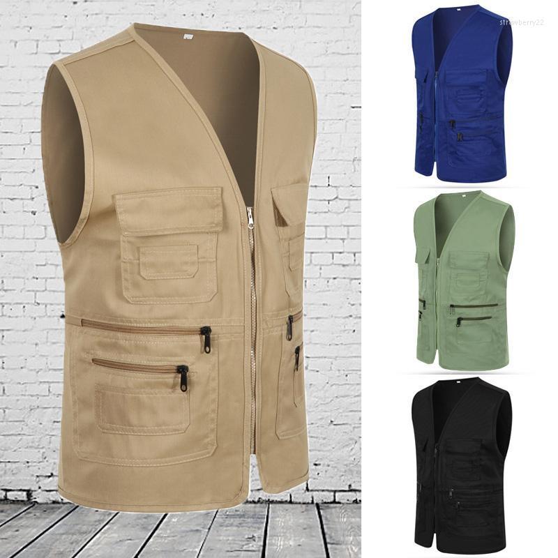 

Men's Vests Multi-Pocket Vest Jacket Casual Plus Size Slim Fit Sleeveless Zipper Male Clothes Cotton Waistcoat Outerwear Stra22, Dark gray