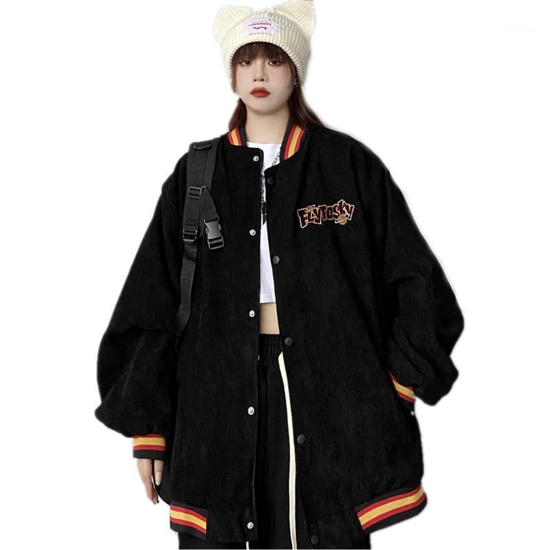 

Women's Jackets Autumn Winter Women Coats High Street Hip Hop Baseball Uniforms Letter Planet Embroidery Oversized Casual Unisex Outwear, Black