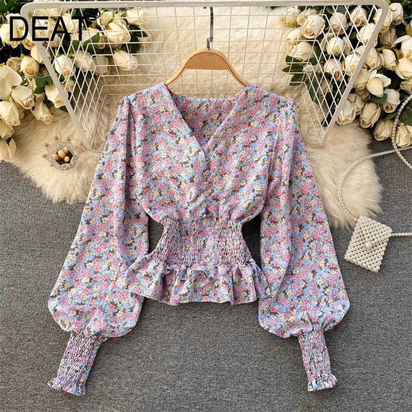 

DEAT Spring Arrivals Print V-neck Puff Sleeve Slim Elastic Waist Pullover Temperament Fashion Shirt MZ716 210709, Khaki