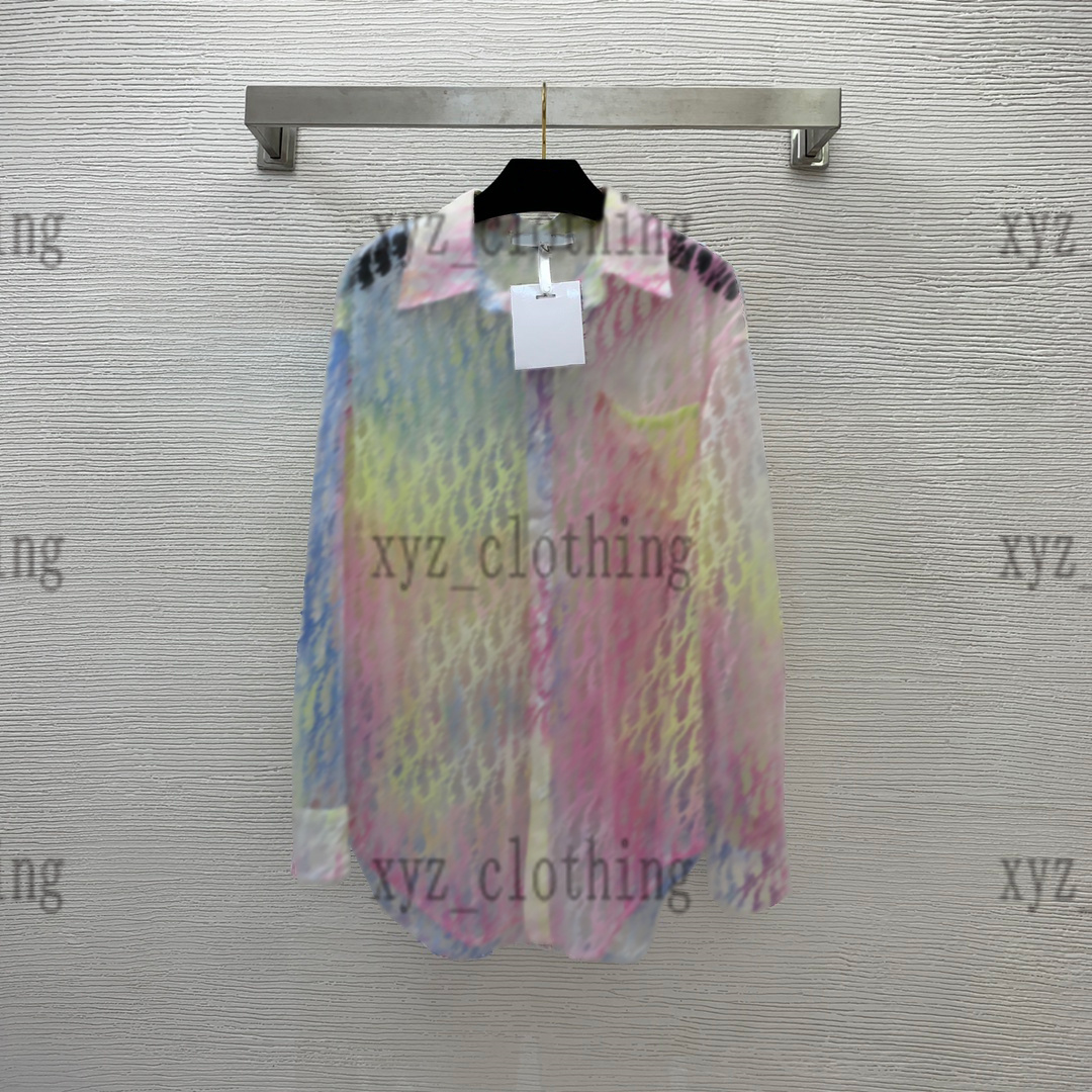 

high-end blouses 22ss summer Contrast color smudged mesh fabric presbyopia long-sleeved shirt loose casual sun protection shirt jacket, Pink