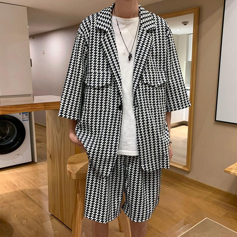 

Men's Tracksuits Suits Men's High-level Sense Of Fried Fashion Trend Printed Street Shooting Three-quarter Sleeve Jacket Short 2-piece S, Picture color