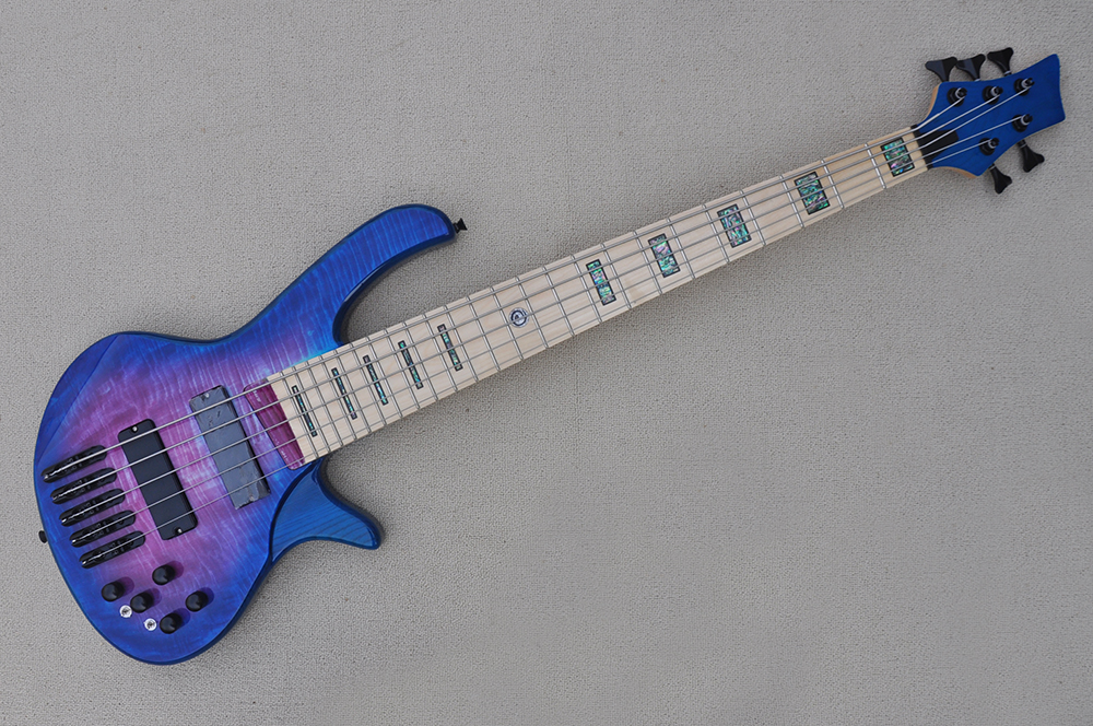 

Factory Custom Purple Blue 5-String Electric Bass Guitar with Flame Maple Veneer,Black Hardwares,Maple Fingerboard,Alalone Fret Inlay,Offer Customized