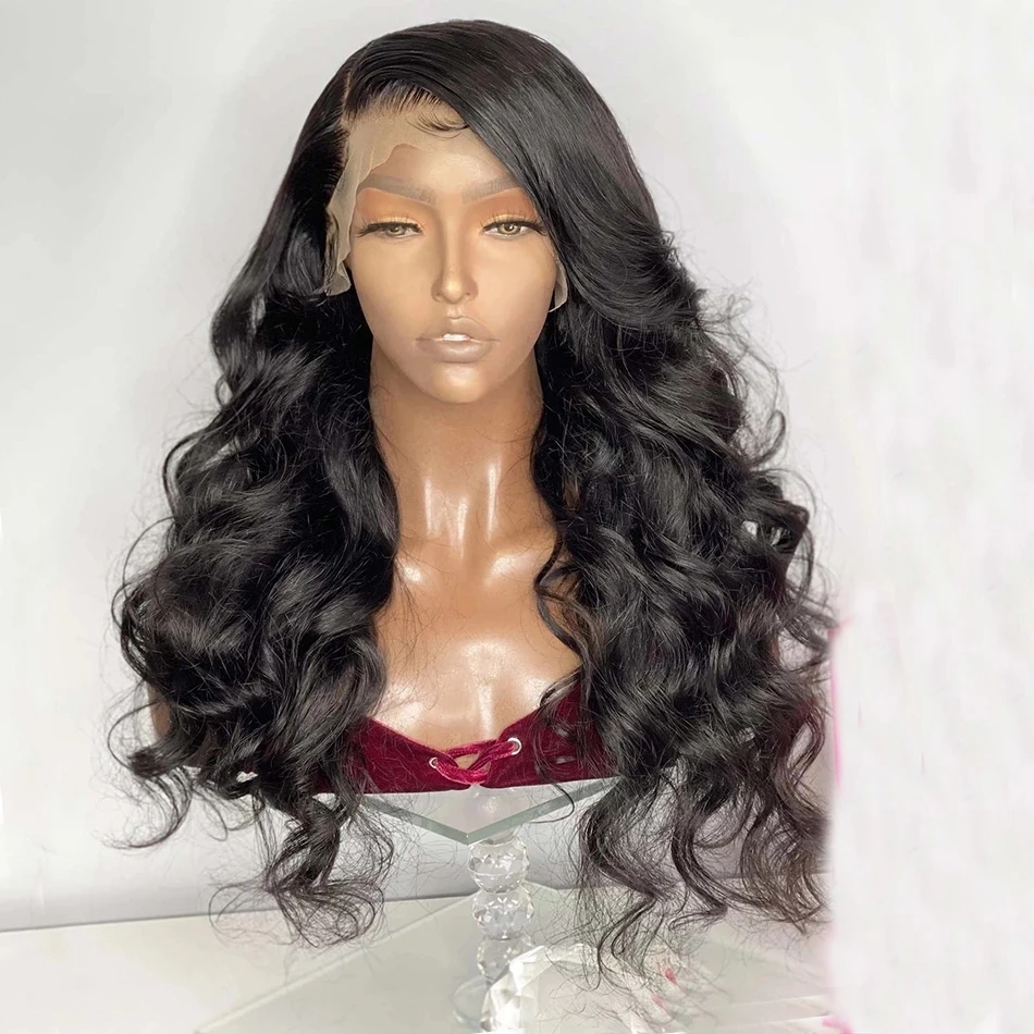

Natural Black Long Wavy Wave Glueless Lace Front Wigs For Women Synthetic Hair Wig Pre Plucked Daily Wig T Part, 1b color headband wig