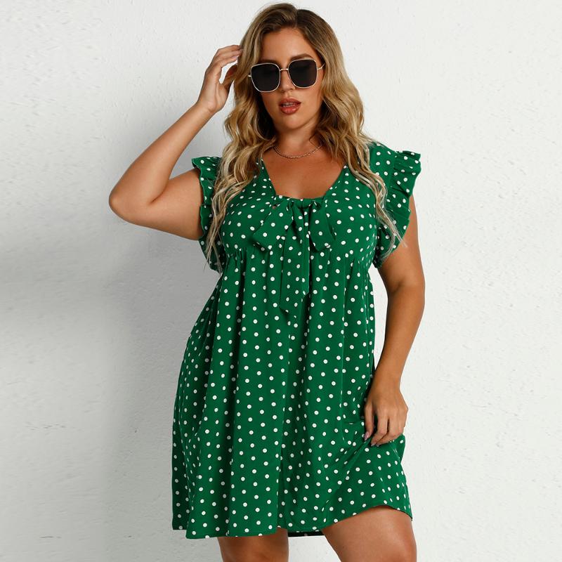 

Plus Size Dresses Dot Green Short-sleeved Dress Fold Accept Waist Loose DressPlus