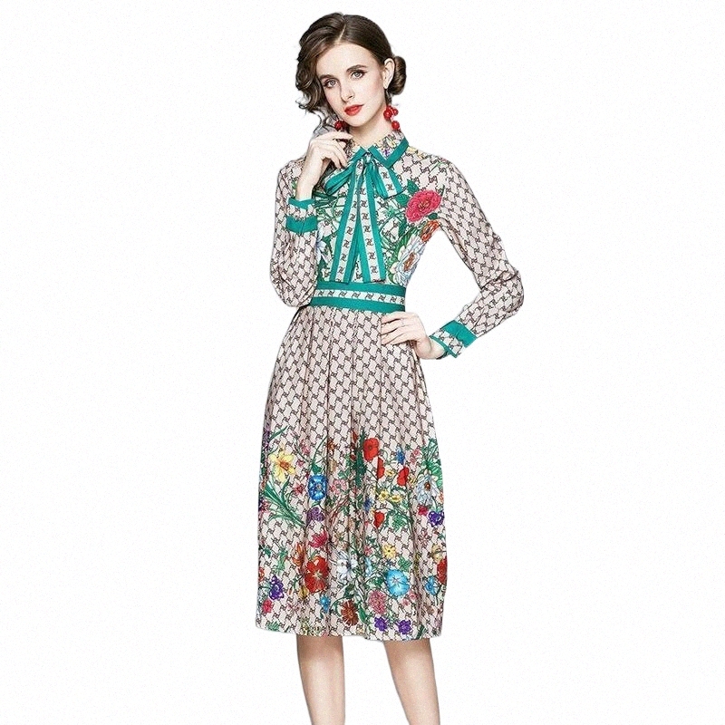 

autumn Est Runway Designer Bowknot Party Dress Women's Long Sleeve Turn-down Collar Floral Letter Printed Midi Dresses Casual e6kG#, As picture