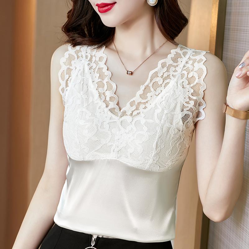 

Women's Blouses & Shirts 2022 Silk Blouse Women Tops Fashion Elegant V-neck Sleeveless Splice Lace Shirt Summer Blusas Femininas Plus Size, Blue