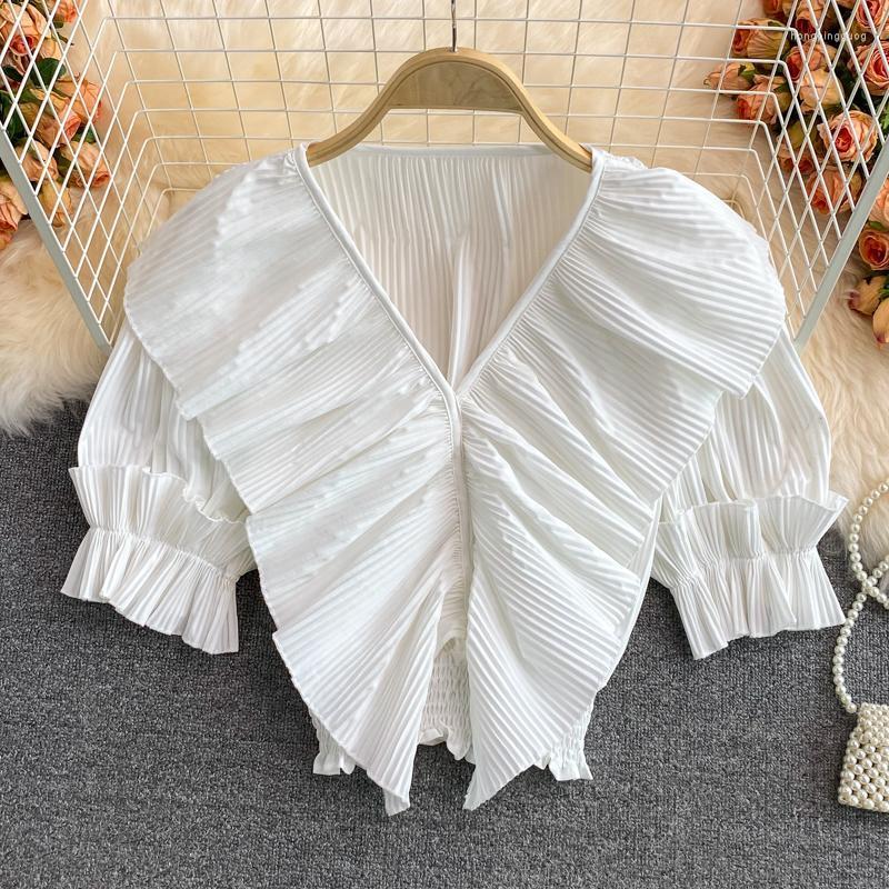 

Women's Blouses & Shirts Casual Loose V-Neck Ruffled Patchwork Lace-Up Solid Color Puff Short Sleeve Summer Clothing Fashion Blouse, Black