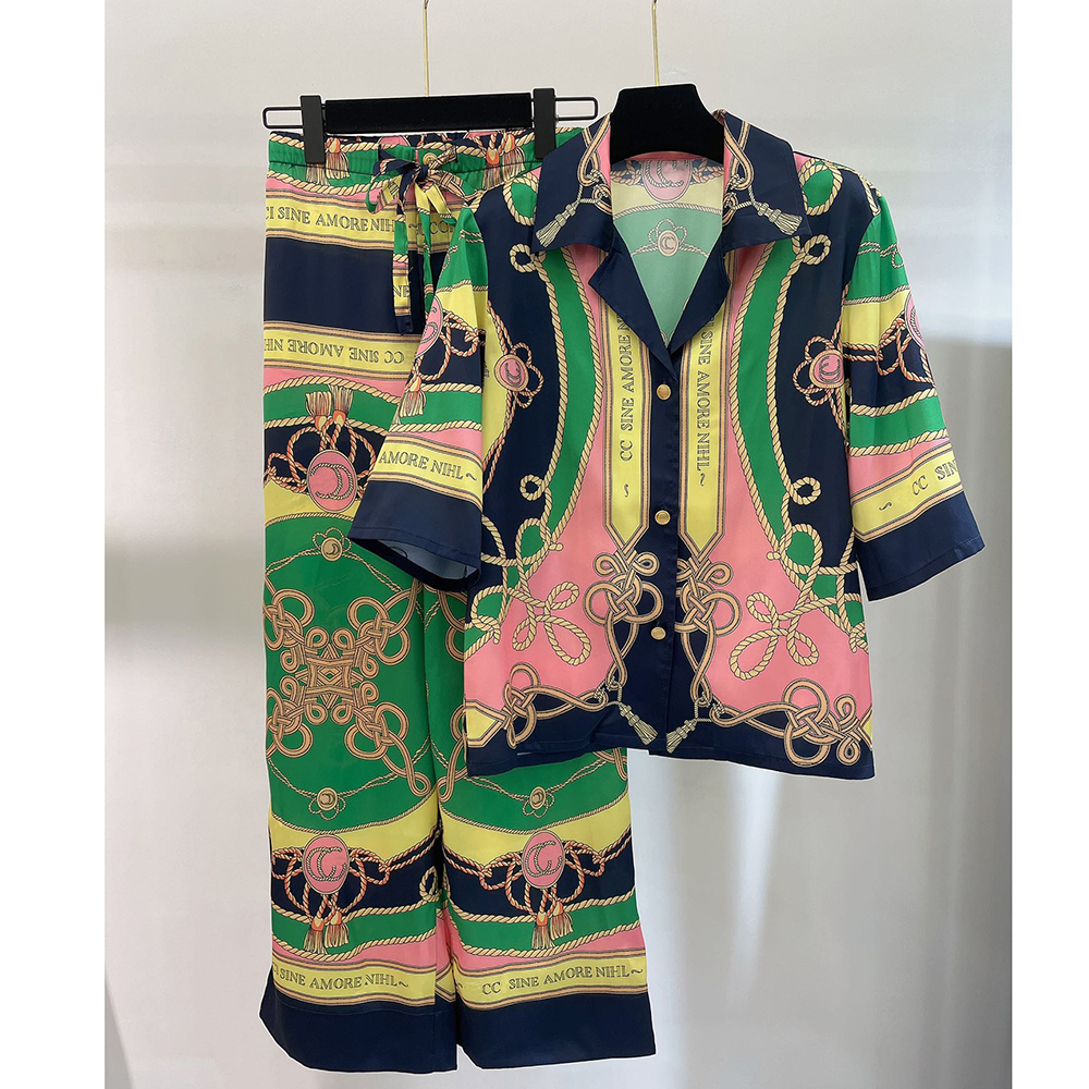 

Fashion women sleepwear designer pajamas double G floral sleeping clothes V neck shortsleeves with pants two pieces sets pyjamas for female, Green