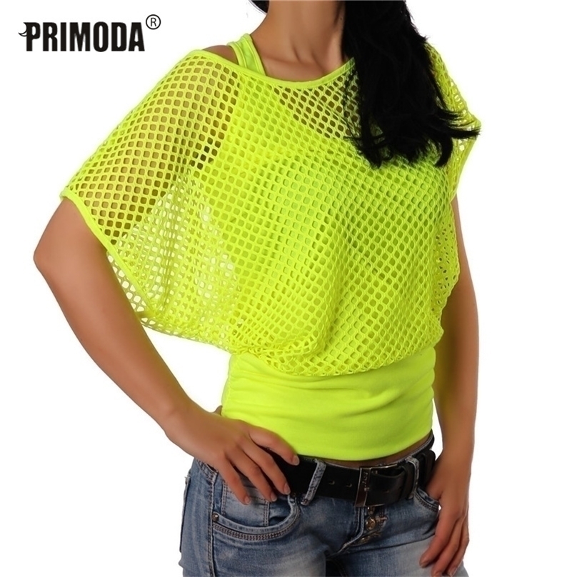 

Short Sleeve Casual Neon Green Sexy Hollow Out Mesh Cover T Shirt and Tank Tops Women Fashion Grid Blusa PR1005G 220318, G1005 orange