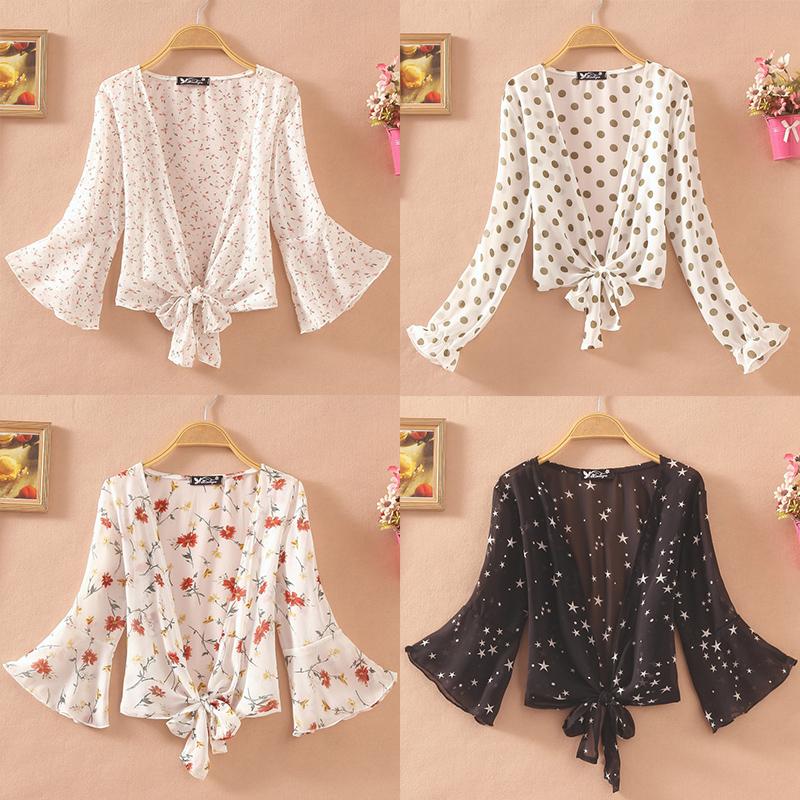 

Women' Blouses & Shirts Summer Women Chiffon Blouse In Floral 2022 V Neck Tie Waist Cardogan Shirt Flare Sleeve Top Lace Beach Cover Up