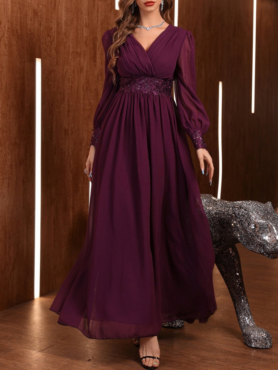 

floral Embroidery Sequin Decor Lantern Sleeve Chiffon Formal Dress 48Af#, Purple