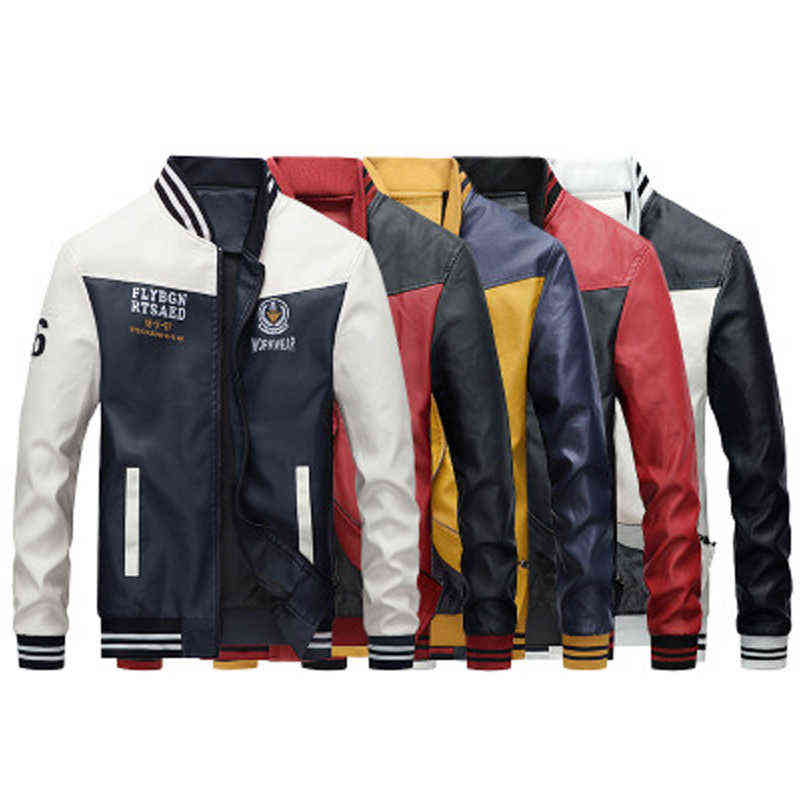 

Men's stand collar stitched PU leather jacket men's casual baseball Plush Korean version flight, 010 black