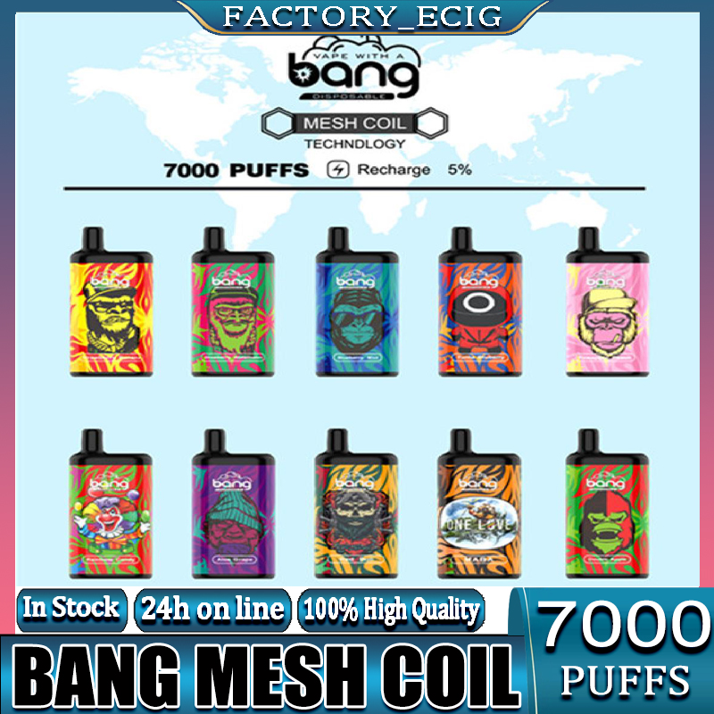 

100% Original Bang Mesh Coil 7000 Puffs Bars Disposable E cigarettes Vape Pen 15ml Pre-filled Pods Cartridge 850mAh Rechargeable Battery Authetic