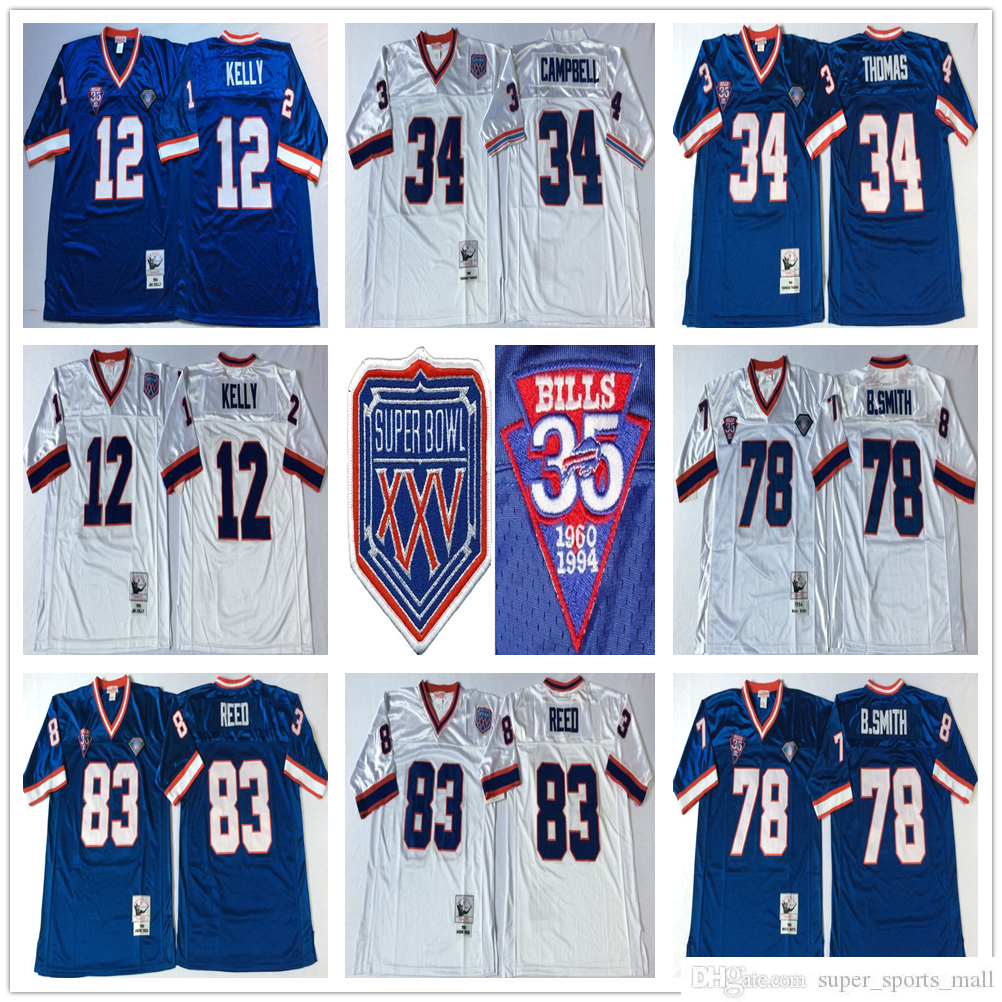 

NCAA 75th Vintage Football Jerseys Mitchell and Ness12 Jim Kelly 34 Thurman Thomas 78 Bruce Smith 83 Andre Reed Jersey College Blue White, Same as picture