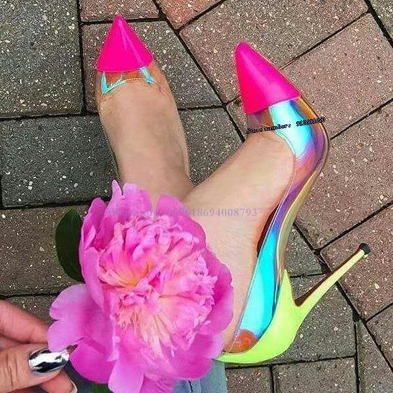 

Dress Shoes Sexy Pink Pointed Toe Clear PVC High Heel Pumps 12CM 10CM 8CM Stiletto Heels Neon Yellow Color Patchwork Wedding, Message 8 10 12cm