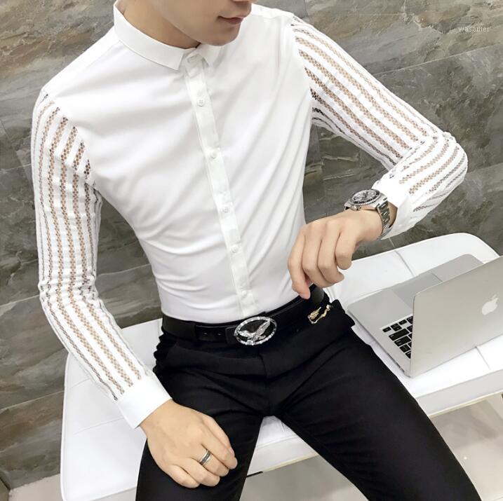 

Men Shirt Spring Hollow Lace Patchwork Long Sleeve Streetwear Mens Shirts Casual Slim Fit Night Club Dress Tuxedo Men's, Black