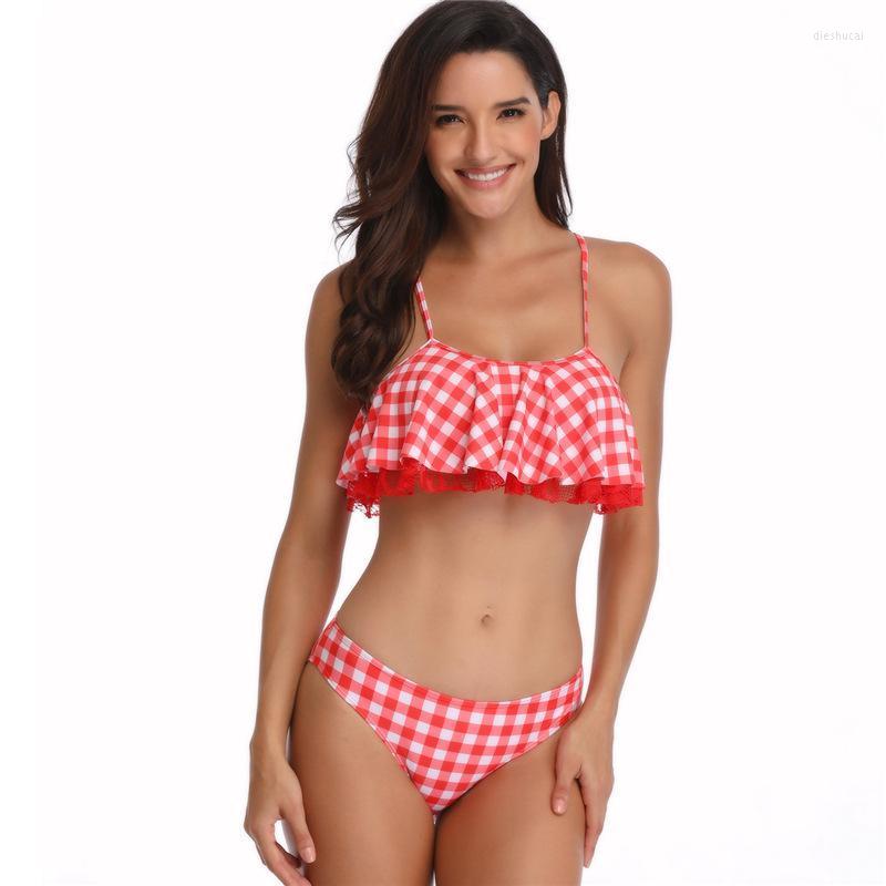 

Two Piece Dress 2piece Set Women' Bikini Sexy Camisole And Shorts 2022 Summer Cotton Plaid Splicing Super Suits Ladies Suit Twinset, Red