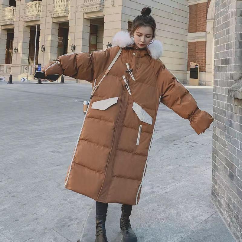 

Women' Down & Parkas Winter Over-The-Knee Thick White Duck Cotton Coat Horn Buckle Large Fur Collar Korean High-Quality Jacket Female E5 Lu, Photo color