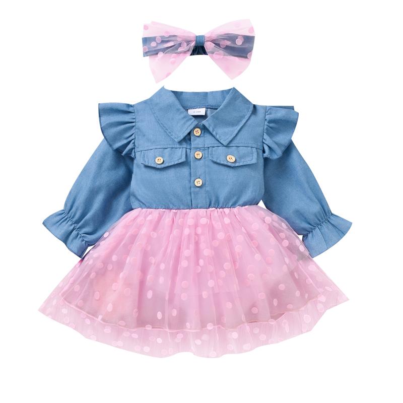 

Girl's Dresses CitgeeSpring Toddler Girls Autumn Patchwork Dress Long Sleeve Turn Down Collar Denim Tulle Headband ClothesGirl's, As pic