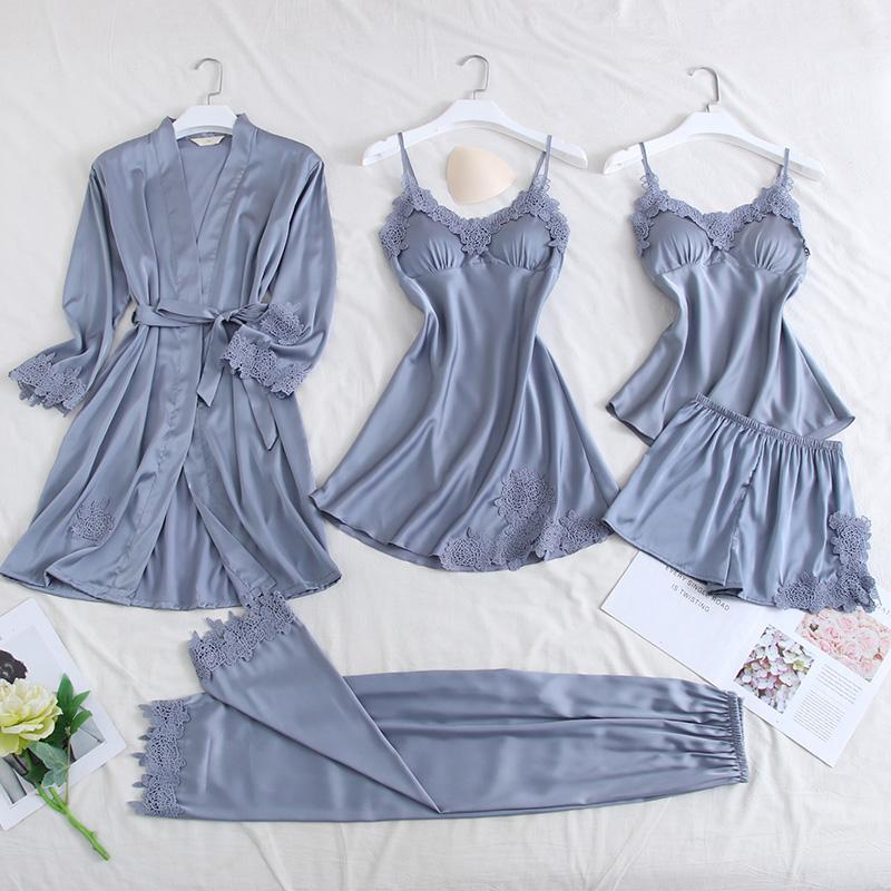 

Women's Sleepwear Gray Pajamas Suit Women 5PCS Nightwear Silky Rayon Kimono Sleep Robe Set Home Clothing Gown Bathrobe Warm Nightgown, Black