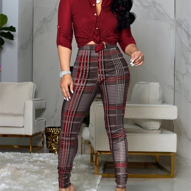 

Women Colorblock Long Sleeve Button Down Shirt & Plaid Pants Set Womens Two Piece Suit 220813, Red