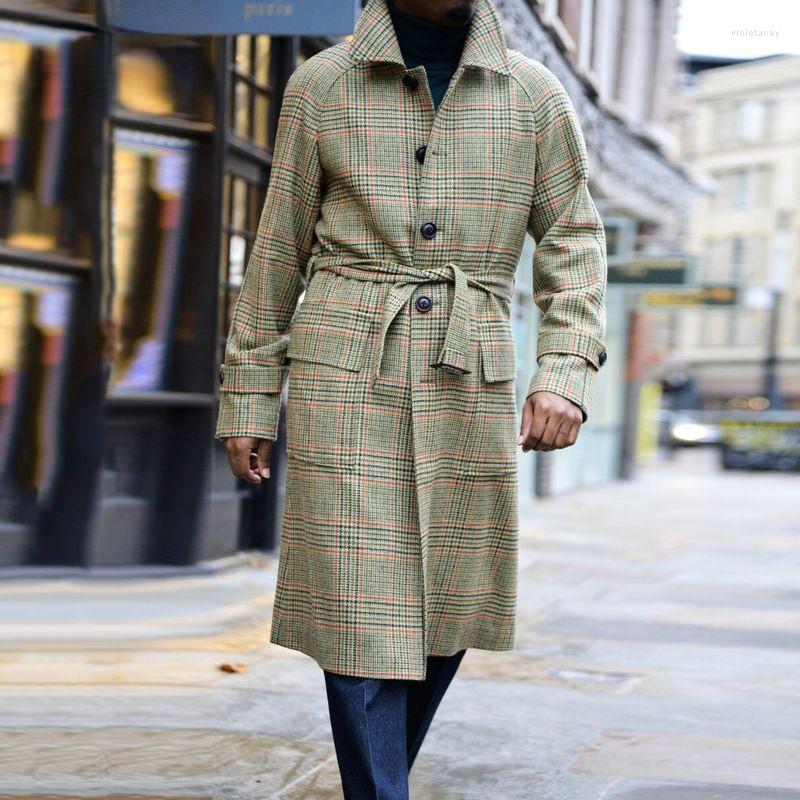 

Men' Wool & Blends Men Long Woolen Blend Coat Autumn Winter Trench Coats Overknee Overcoat Full Sleeve Plaid Single Breasted Sashes Viol22