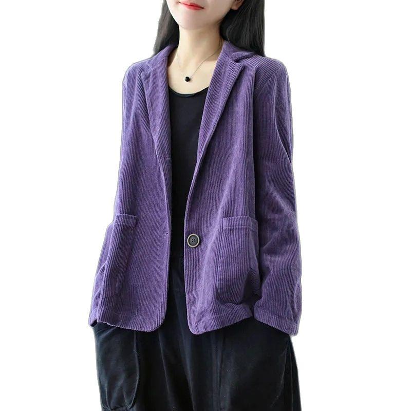 

Women's Jackets Women Corduroy Coat 2022 Spring Autumn V-neck Solid Color Short Jacket Middle Aged Woman Long Sleeve Pocket Retro Casual Top, Purple