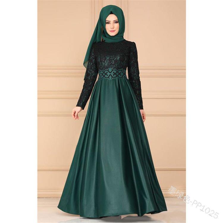 

Casual Dresses Ladies Hijab Evening Dress Dubai Robe Lace Patchwork Vintage Arab Moroccan Women Muslim Islamic ClothingCasual, Blue