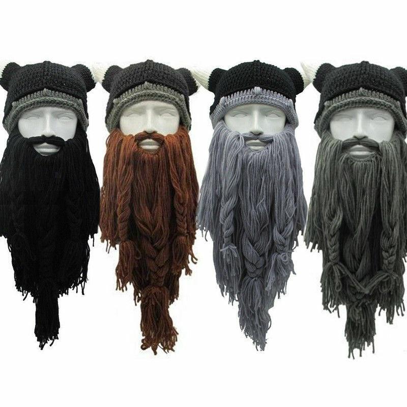 

Berets Men Women Barbarian Viking Handmade Knit Horn Hat With Detachable Long Fake Beard Funny Crazy Cosplay Warm Beanie CapBerets, Black