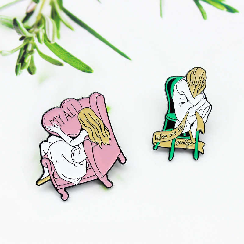 

Fashion design lonely sofa girl alloy Brooch letter ribbon love pillow contemplative girl Badge