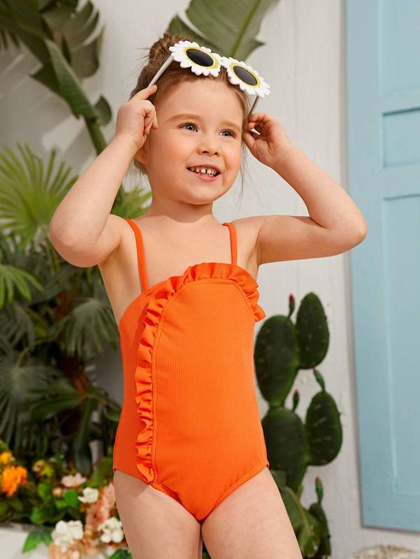 

Toddler Girls Frill Trim Rib Swimsuit SHE, Burnt orange