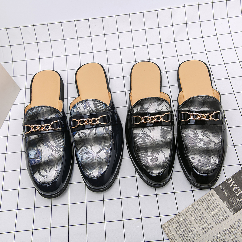 

Summer Baotou Semi-support Shoes Men Shoes Trend Personality Printing Classic Fashion Metal Chain Decoration Daily Street Wear HM542, Clear