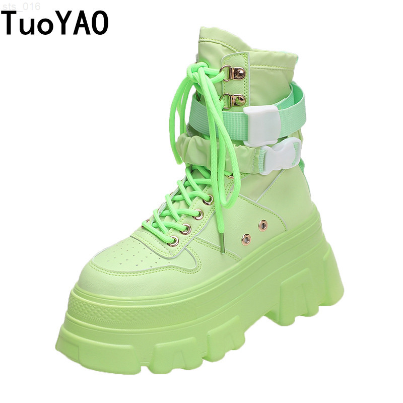 

Autumn Ankle Buckle Boots For Women Leather Boots Round Toe High Platform Green Motorcycle Boots Thick Heel Sneakers Shoe 7CMT220718, White