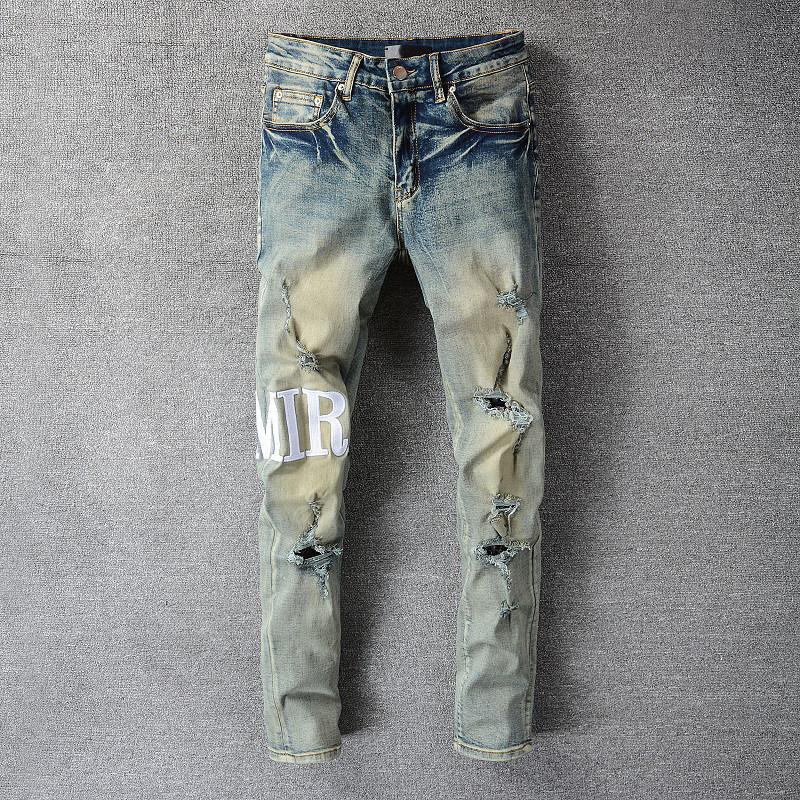 

Men's Jeans Motorcycle Pants Men Hole Jean Ripped Pantalon Homme For Retro Old Street Fashion Men's Letter MenMen's, Picture 1