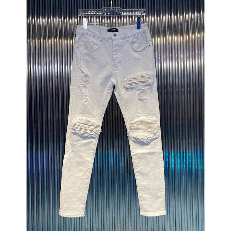 

fit amirly patching new jeans high hole street slim fashion legged brand men white worn