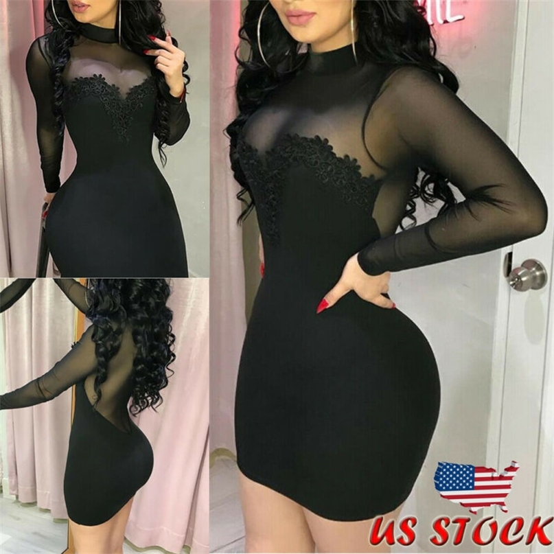 

Skinny Summer Dress Mesh Transparent Sexy Black Women Casual Long Sleeve Evening Party Mini Short Bodycon 220613