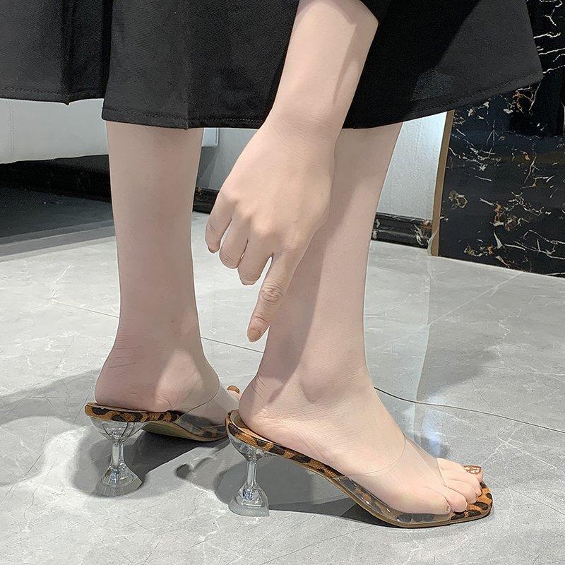 

Dress Shoes Fashion Sexy Personality Thick-Heeled Women's Transparent Non-Slip High-Heeled Sandals One-Step Crystal SandalsDress, Leopard print