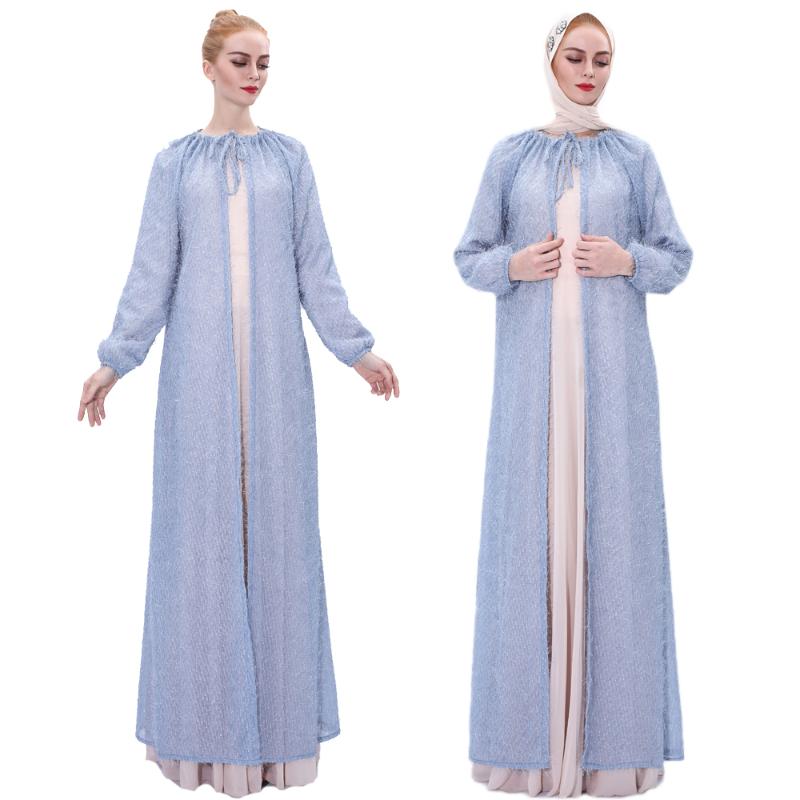 

Ethnic Clothing Muslim Women Open Kimono Caped Abaya Feathers Drawstring Neck Long Sleeve Islamic Arab Maxi Robe Gown Ramadan Cardigan Summe