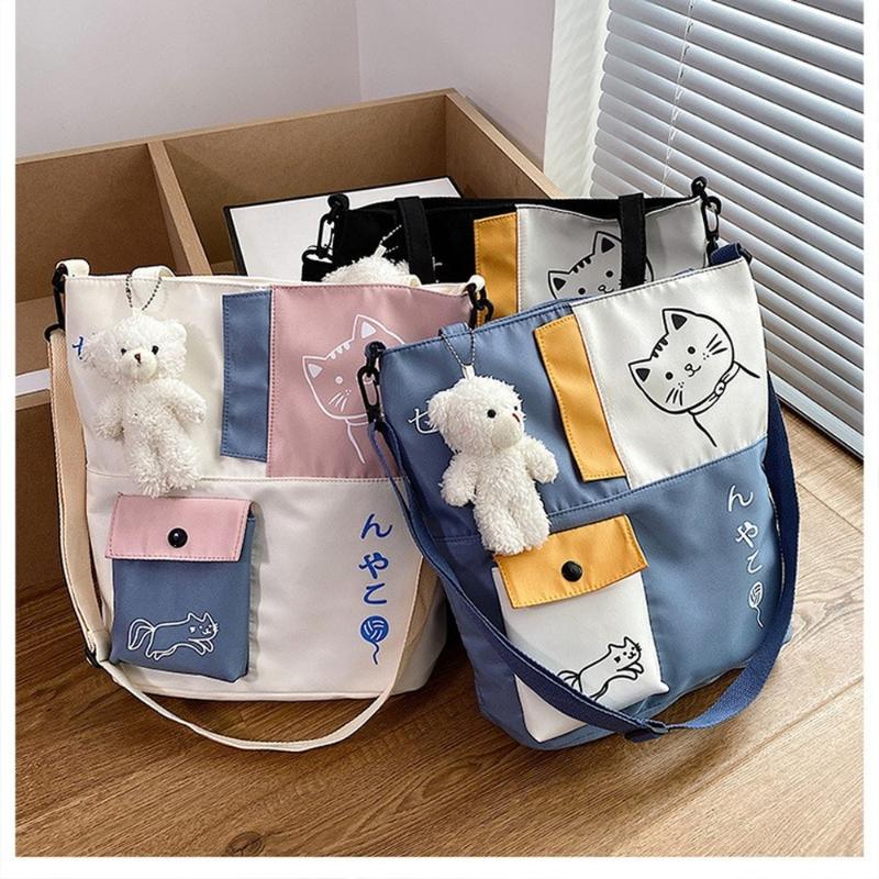 

Evening Bags Women Large Capacity Shoulder Bag Korea Japan Nylon Cloth Trend Crossbody Tutoring Students School Class Book BagEvening, White with bear
