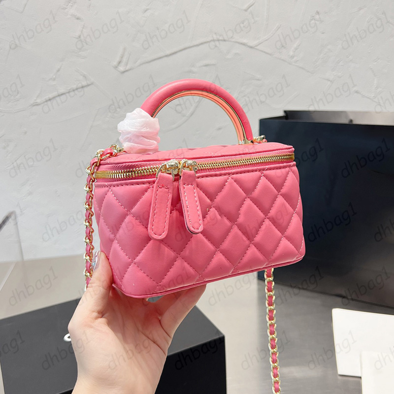 

Womens Classic Vanity With Chain Box Bags Mirror Top Metal Handle Totes Gold Hardware Matelasse Crossbody Cosmetic Case Purse Card Holder Handbags 18CM