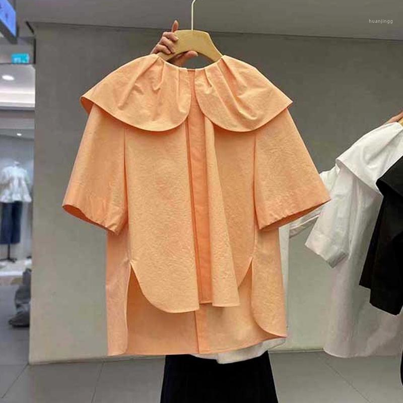 

Women' Blouses & Shirts [EWQ] Korea Chic Fashion Temperament Casual Solid Doll Collar Loose Orange Short-sleeved Shirt Blouse Women Summer
