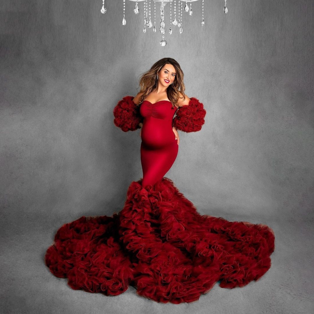 

Dark Red Maternity Dress for Photo Shoot Women's Mermaid Prom Dresses Ruffles Train Evening Gowns vestido de novia, Silver