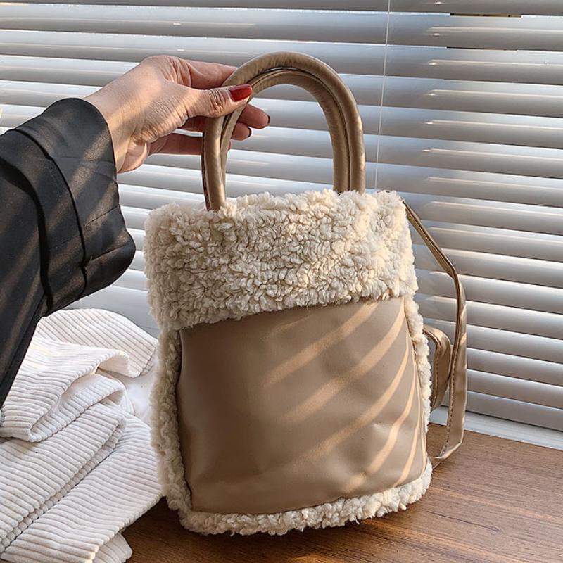 

Evening Bags Faux Fur Tote Bag Bucket 2022 Winter High-quality PU Leather Women's Designer Handbag Luxury Shoulder Messenger, Black