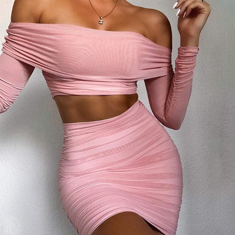 

Work Dresses Women' Off Shoulder Tube Top Short Skirt Set Ruched Long Sleeve 2 Piece Crop Tops Female Summer Sexy Club Party Suit, Pink