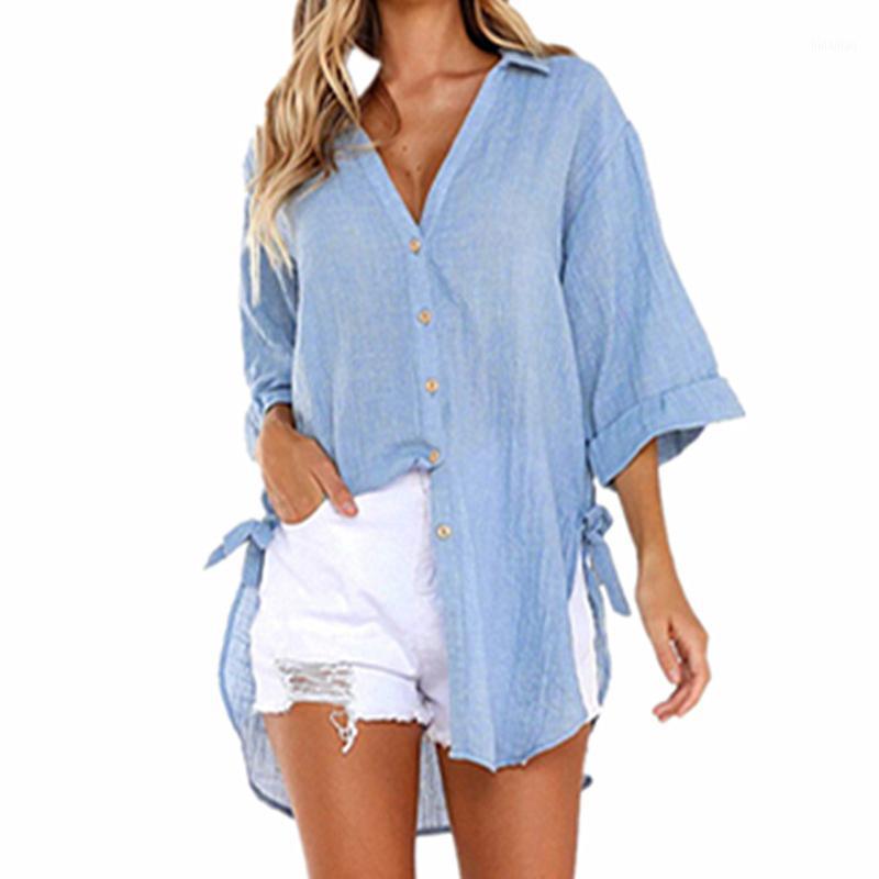 

Women's Blouses & Shirts Womens Loose Button Long Shirt Dress Cotton Ladies Casual Sun Protection Long-sleeved Tops Femme Blusas Mujer, Coffee