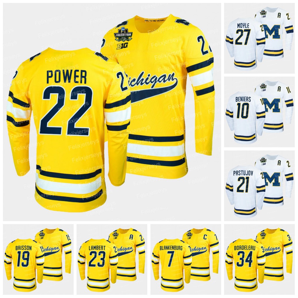 

Michigan Wolverines 2022 Frozen Four Maize NCAA Hockey Jersey 7 Nick Blankenburg 22 Owen Power 10 Matty Beniers 21 Michael Pastujov 27 Nolan Moyle 23 Jimmy Lambert, 2022 white womens s-xxl