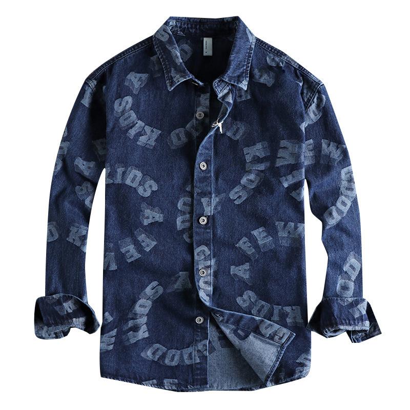 

Men's Casual Shirts Retro Mens Denim Washed Shirt Cargo Letter Print Long Sleeve Tops Cotton Uniform Light Work Safari Style Male ShirtsMen', Blue