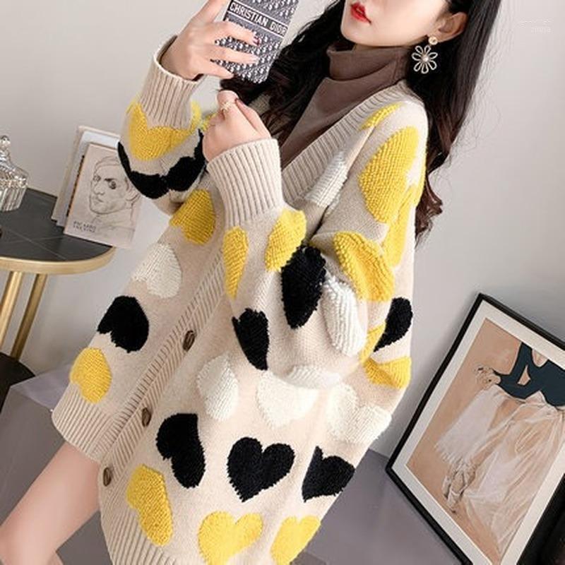 

Women's Knits & Tees Casual V Neck Heart Print Women Cardigan Autumn Button Long Sleeves Loose Sweater Female Fashion Midi 2022 Kenn22, Gray
