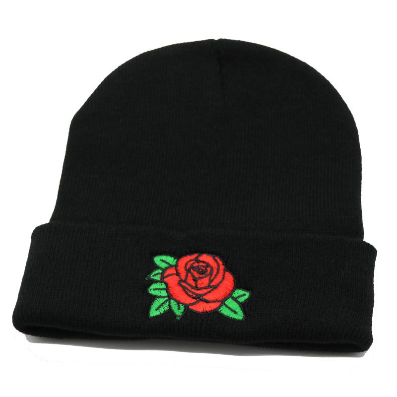 

Berets Winter Sale Unisex Short Paragraph Embroidery Rose Knitting Beanies Caps For Female Black Keep Warm Hedging Hats Drop Ship, 55-58cm